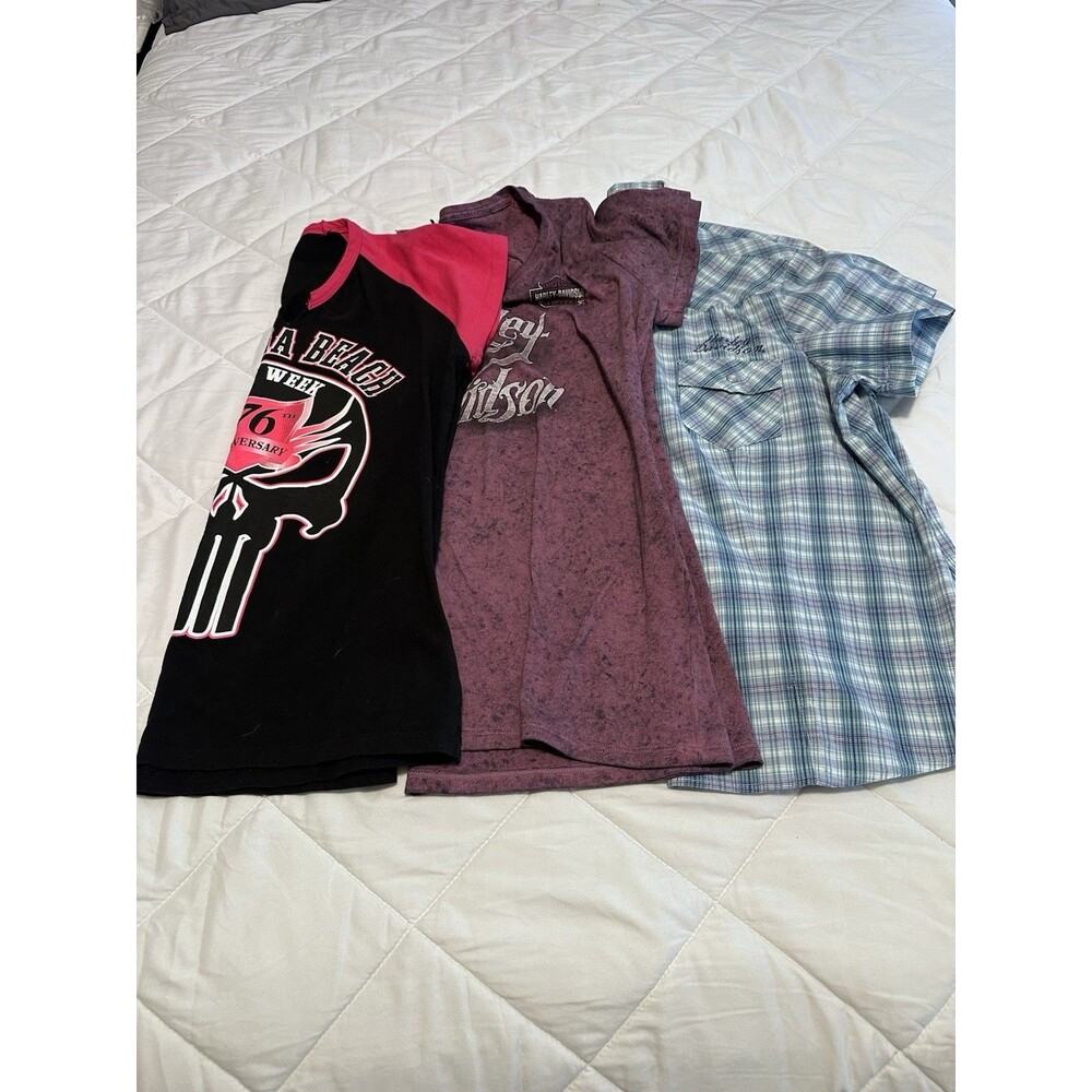 Women's Harley Davidson Bundle‎ 3 XL Short Sleeve Plaid Pearl Snap, See Pictures